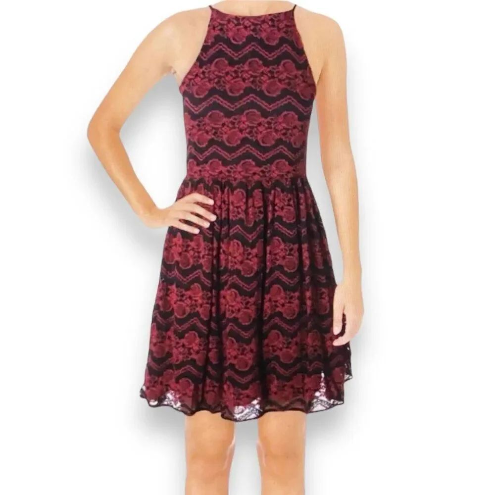 Black and Burgundy Red Lace Sleeveless A-line  Party Dress - NEW